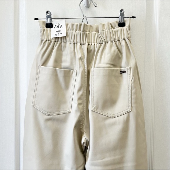 Zara Faux Leather High Waisted Baggy Fit Pants Cream Ecru Size 2 NEW WITH TAG - Picture 9 of 16